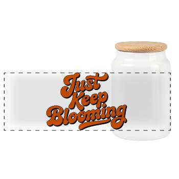 Bleib einfach weiter blühende Blumenschrift - Panorama Keksdose mit Holzdeckel - Weiß - Vorne