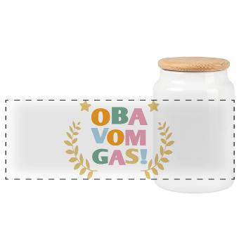 OBA VOM GAS geben  - Panorama Keksdose mit Holzdeckel - Weiß - Vorne