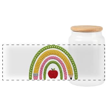 Regenbogen für Schulkind (Faux Yarn Strickmuster) - Panorama Keksdose mit Holzdeckel - Weiß - Vorne