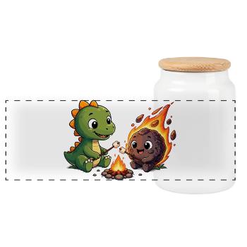 Petit dinosaure près du feu de camp - Boîte à biscuits avec couvercle en bois - blanc - Devant