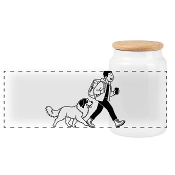 Wanderer with Dog – Outdoor Design, Line Art - Panoramic Cookie Jar with Wooden Lid - white - Front
