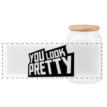 You Look Pretty Funny Complement Self Love Logo - Panoramic Cookie Jar with Wooden Lid - white - Front