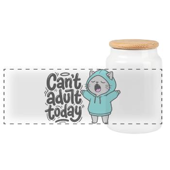 Can't adult today - Cat in a Hoodie - Panoramic Cookie Jar with Wooden Lid - white - Front