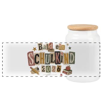 Schulkind 2026 Collage Tshirt - Panorama Keksdose mit Holzdeckel - Weiß - Vorne