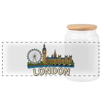 London Eye Big Ben Skyline Vintage Illustration - Panoramic Cookie Jar with Wooden Lid - white - Front