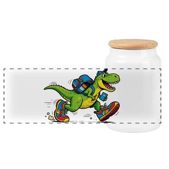 Dinosaurs on their way to school - Panoramic Cookie Jar with Wooden Lid - white - Front