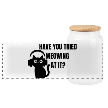 Lustige IT Katze - Have you tried meowing at it? - Panorama Keksdose mit Holzdeckel - Weiß - Vorne