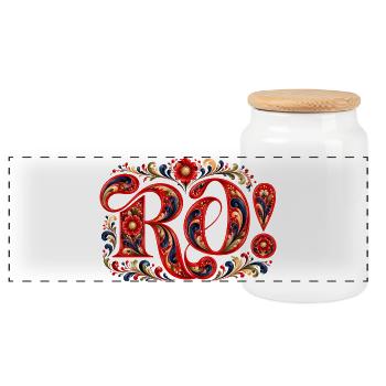 RO! Norwegian rose painting - Panoramic Cookie Jar with Wooden Lid - white - Front
