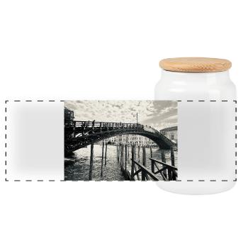 Black and white Venetian bridge over the water - Panoramic Cookie Jar with Wooden Lid - white - Front