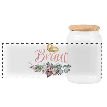Braut Ringe Blumen JGA Junggesellenabschied - Panorama Keksdose mit Holzdeckel - Weiß - Vorne