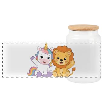 Einhorn und Löwe – Süße Kindergarten Freunde  - Panorama Keksdose mit Holzdeckel - Weiß - Vorne