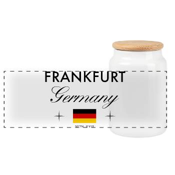 Frankfurt Germany coordinates travel souvenir - Panoramic Cookie Jar with Wooden Lid - white - Front