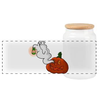 Ghost with lantern over pumpkin - Panoramic Cookie Jar with Wooden Lid - white - Front