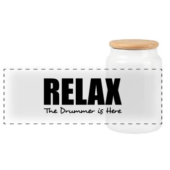 relax the drummer is here - Panoramic Cookie Jar with Wooden Lid - white - Front