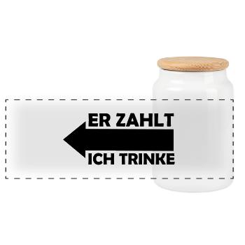 er_zahlt_ich_trinke_001 - Panorama Keksdose mit Holzdeckel - Weiß - Vorne