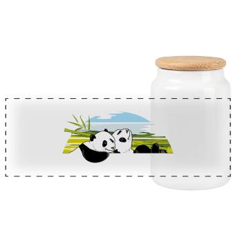 Zwei glückliche Panda-Junge mit einem Bambusast - Panorama Keksdose mit Holzdeckel - Weiß - Vorne