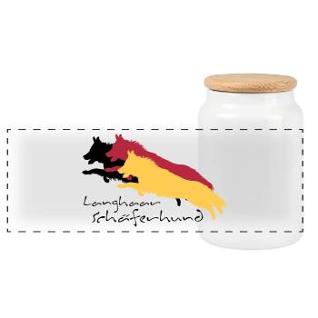 Langhaar schäferhund - Panorama Keksdose mit Holzdeckel - Weiß - Vorne
