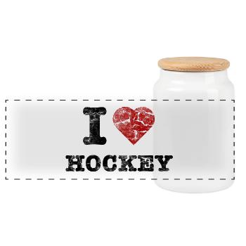 "I Love Hockey" vintage dark - Panoramic Cookie Jar with Wooden Lid - white - Front