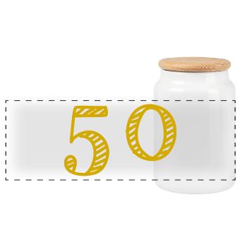 50 JAHRE. 50-jähriges JUBILÄUM. JUBILÄUM 50 JAHRE. 50 - Panorama Keksdose mit Holzdeckel - Weiß - Vorne