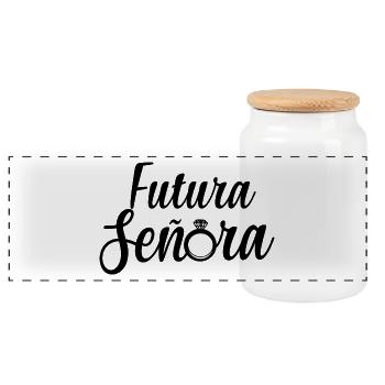 Futura Señora Engagement Bridal Shower Wedding - Panoramic Cookie Jar with Wooden Lid - white - Front