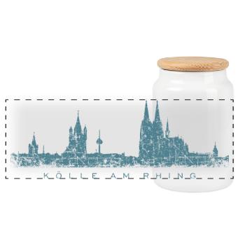 Kölle am Rhing Köln Kölner Skyline (Vintage Blau) - Panorama Keksdose mit Holzdeckel - Weiß - Vorne