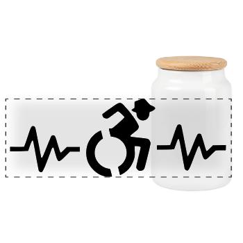 Utilisateur de fauteuil roulant avec chapeau et fréquence cardiaque # - Boîte à biscuits avec couvercle en bois - blanc - Devant