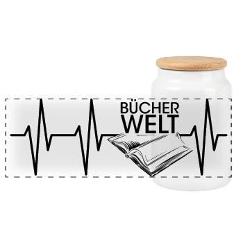 Heartbeat Book World Book Pulse Reading Reader Icon - Panoramic Cookie Jar with Wooden Lid - white - Front