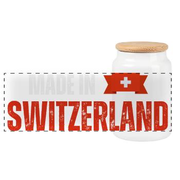 Made in Switzerland, Swiss pride - Panoramic Cookie Jar with Wooden Lid - white - Front