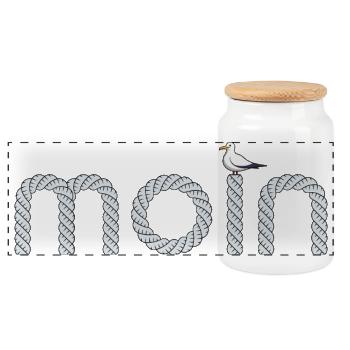 Moin Schriftzug mit kleiner Möwe - Panorama Keksdose mit Holzdeckel - Weiß - Vorne