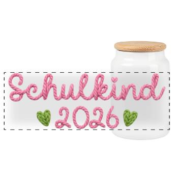 Schulkind 2026 mit Herzen Faux Yarn Strickmuster  - Panorama Keksdose mit Holzdeckel - Weiß - Vorne