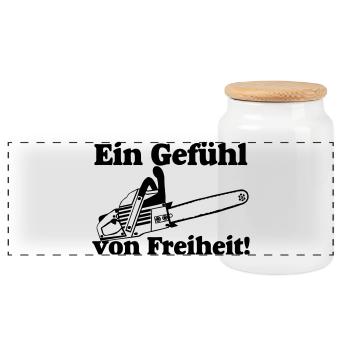 Motorsäge,Kaminholz , Ein Gefühl von Freiheit (25) - Panorama Keksdose mit Holzdeckel - Weiß - Vorne