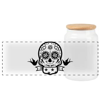 skull tattoo - Panoramic Cookie Jar with Wooden Lid - white - Front