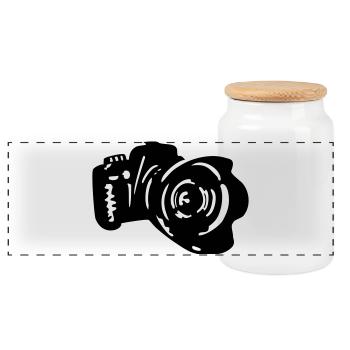 camera dslr - Panoramic Cookie Jar with Wooden Lid - white - Front