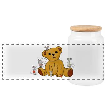 Mäuse nähen Teddy - Panorama Keksdose mit Holzdeckel - Weiß - Vorne