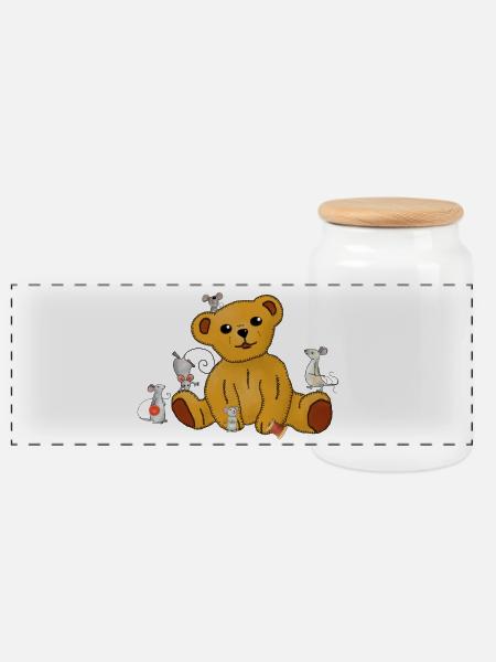 Mäuse nähen Teddy - Panorama Keksdose mit Holzdeckel - Weiß