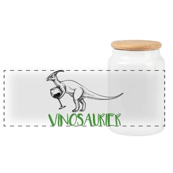 Vinosaurier – lustiges Weinmotiv - Panorama Keksdose mit Holzdeckel - Weiß - Vorne