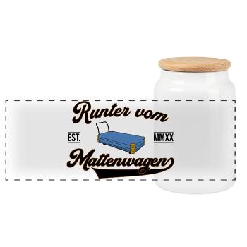 Runter vom Mattenwagen - Panorama Keksdose mit Holzdeckel - Weiß - Vorne