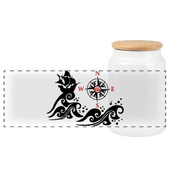 Bateau noir et rose des vents - Boîte à biscuits avec couvercle en bois - blanc - Devant