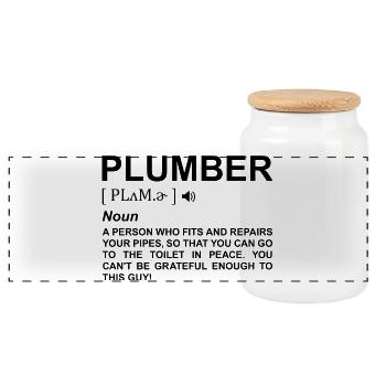 Plumber Meaning - Panoramic Cookie Jar with Wooden Lid - white - Front