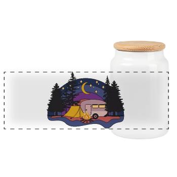 Retro Sun Night Tent Camper Caravan Camping - Panoramic Cookie Jar with Wooden Lid - white - Front