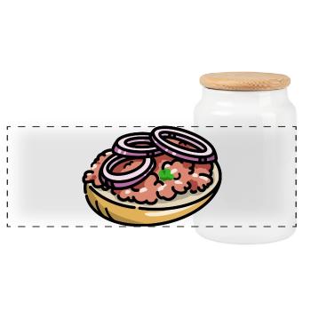 Comic Mettbrötchen Mett Hack Brötchen Zwiebeln - Panoramic Cookie Jar with Wooden Lid - white - Front