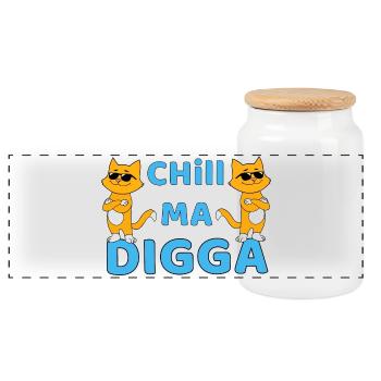 Chill ma Digga - funny cat with sunglasses - Panoramic Cookie Jar with Wooden Lid - white - Front