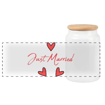 JUST MARRIED. Bachelorette party. VALENTINE'S DAY. COUPLE - Panoramic Cookie Jar with Wooden Lid - white - Front