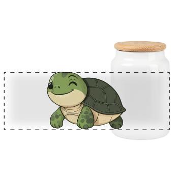 Cute Happy Turtle - Adorable and Cheerful Cartoon - Panoramic Cookie Jar with Wooden Lid - white - Front