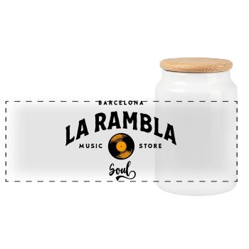 "La Rambla Soul" Barcelona Vintage Music Store - Panoramic Cookie Jar with Wooden Lid - white - Front