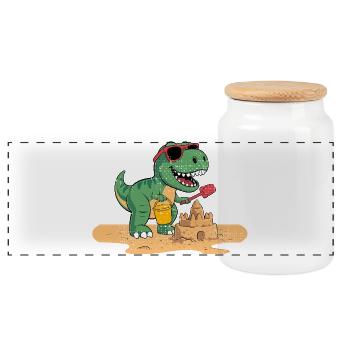 Verspieltes Dinosaurier-Sandburgen-Design - Panorama Keksdose mit Holzdeckel - Weiß - Vorne