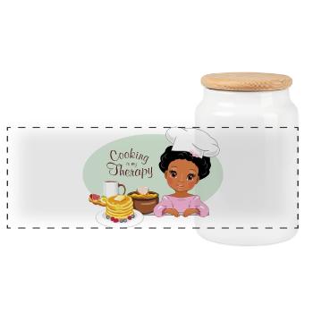 Cute dark skinned girl loves to bake pancakes - Panoramic Cookie Jar with Wooden Lid - white - Front