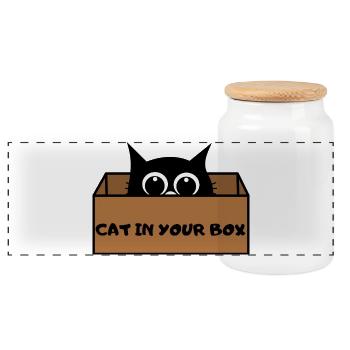 Cat in Box Peekaboo - Panoramic Cookie Jar with Wooden Lid - white - Front