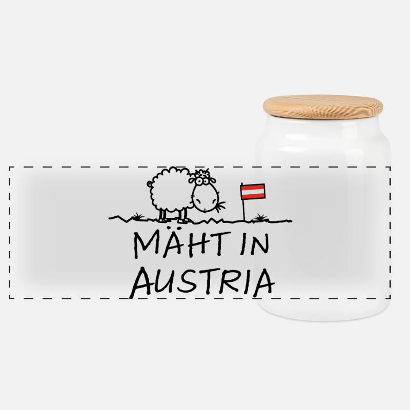 Mäht in Austria – Lustiger Österreich Schaf Spruch - Panorama Keksdose mit Holzdeckel - Weiß
