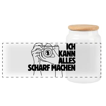 Ich kann alles scharf machen Kamera Spruch - Panorama Keksdose mit Holzdeckel - Weiß - Vorne